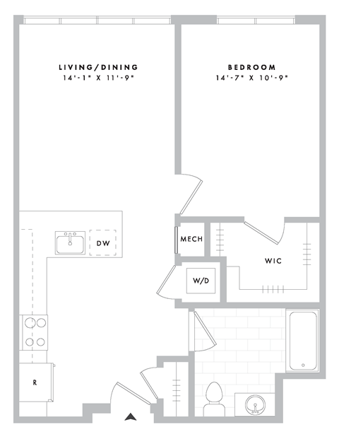 Floor plan for 1 bed, 1 bath, 746 sqft